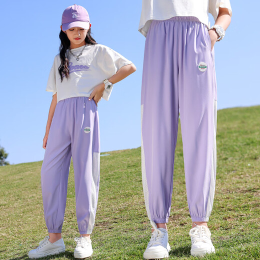 NICKYBABY儿童冰丝防蚊裤女童裤子2025夏季新款运动裤薄款大童休闲套装夏装 5770紫色9889白色【套装】 160 cm