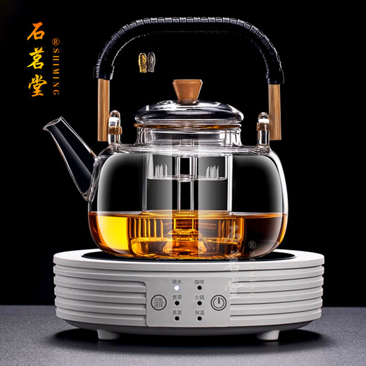Shimingtang high-end new glass steaming integrated teapot fully automatic electric ceramic stove boiling water tea set tea making set household set large Zen pot + smart wood grain color stove