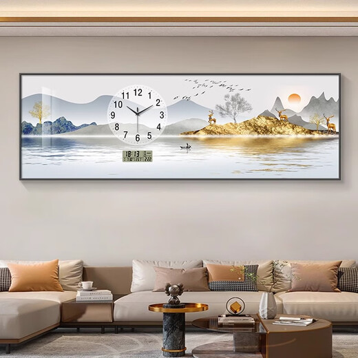 小小画钟新中式钟表挂钟客厅沙发背景墙装饰画万年历电子时钟福鹿山水时钟 ZP1476 【真时钟+智能万年历】 71英寸 180*60cm