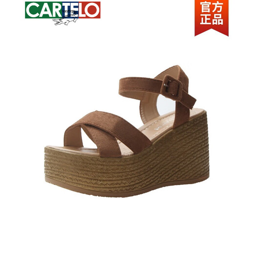 卡帝乐鳄鱼（CARTELO）坡跟凉鞋女2025春夏婚鞋高跟鞋韩版百搭厚底松糕鞋一字扣带罗马鞋 黑色 35