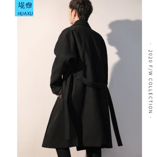 Men's mid-length autumn and winter woolen coat, windproof, thick and warm men's coat, men's winter coat, cape over the knee, FK12 black regular style (belt style) 4XL (recommended weight 180-220)