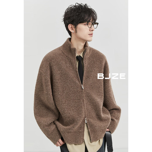 Earl Zall stand collar cardigan wool sweater jacket men's double zipper sweater men's 2024 autumn and winter new Y441558 shadow gray L (175)