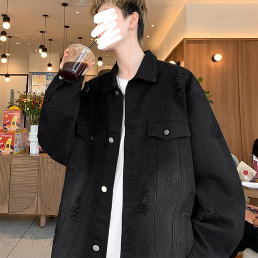 衣然呈品夹克男士春夏款休闲复古破洞高街潮牌痞帅宽松百搭保暖牛仔外套男 蓝色【常规】 L 【建议105-125斤】