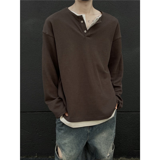 Jufeng fake two-piece Henry collar long-sleeved T-shirt men's 2025 autumn and winter new heavyweight inner layering shirt loose top gray - V-neck double-breasted XL