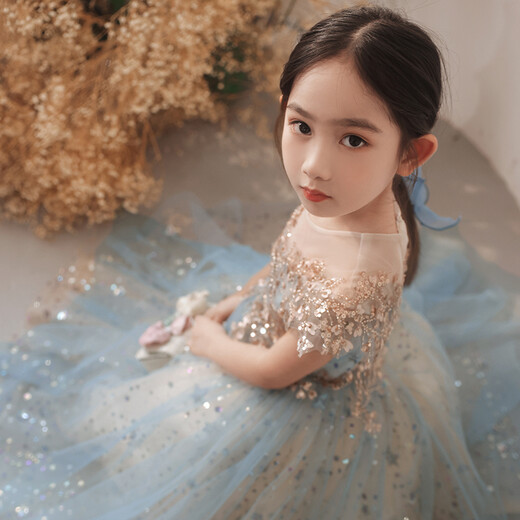 小咔衣浓花童婚礼小女孩礼服女童生日公主裙高端儿童主持人钢琴演奏演出服 紫色1591无袖长款 130