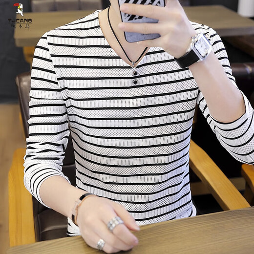 Woodpecker (TUCANO) men's long-sleeved T-shirt 2023 spring and autumn new thin V-neck base shirt trendy striped T-shirt autumn top clothes black 6188 long-sleeved 2XL