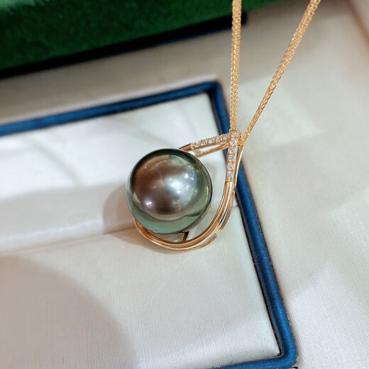 Chenru 11-12mm Tahitian black pearl pendant 18K inlaid with diamonds, perfect round, strong light and slight imperfections, gift to lover, mother, paired with silver
