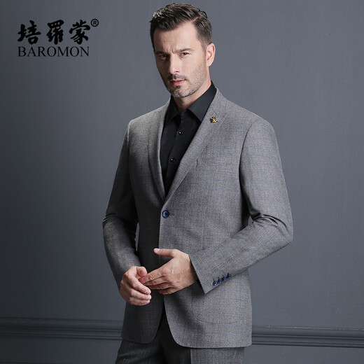 BAROMON [100% wool] suit men's single western business casual middle-aged men's suit jacket light luxury high-end gray plaid 175B