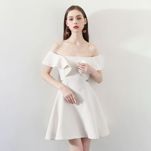 Modern pregnant mother champagne color small evening dress female French banquet birthday party dress short style can usually wear bridesmaid dress white XS