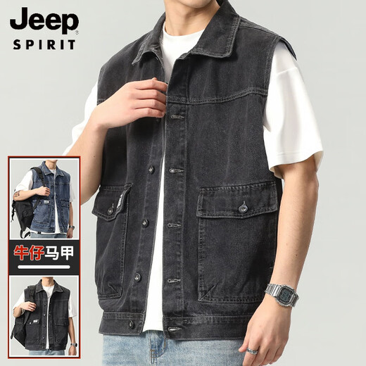 
JEEP SPIRIT 2025 Autumn New Retro Workwear Denim Vest Men's Spring and Autumn Black Sleeveless Vest Men's Vest Jacket 9215 Blue 4XL