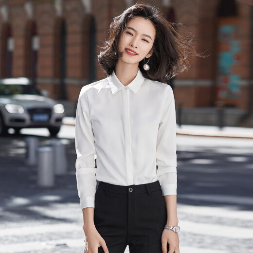 Troman white shirt women's long-sleeved temperament versatile commuting 2021 spring tops slimming large size hidden buttons opaque women's white shirt SY8007 white M
