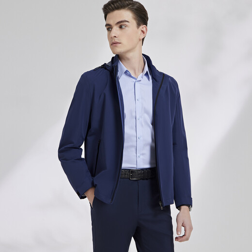 YOUNGOR single executive jacket men's stand-up collar hooded removable single jacket polyester fiber not easy to wrinkle, shape-keeping, elastic and durable VJJK424974FQA navy blue M 170/92A