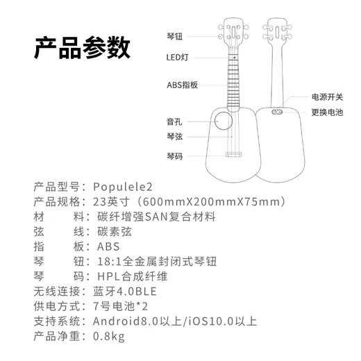Musik Passwort Populele Smart Ukulele Erwachsener Kinder Anfänger Ukri kleine Gitarre 23-Zoll-Musikinstrument Geschenk 23-Zoll cool schwarz (10 Klassen für Anfänger)