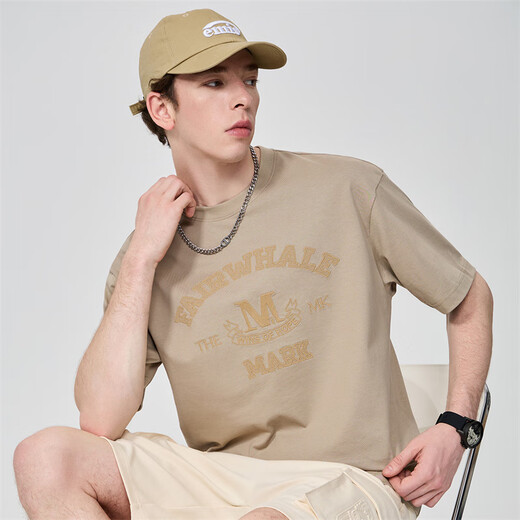 
Mark Huafei [pure cotton] short-sleeved T-shirt for men 25 spring and summer new round neck letter style embroidered comfortable breathable loose men's T-shirt 701 khaki (silhouette version) 3XL (height 185-190 weight 80-90)