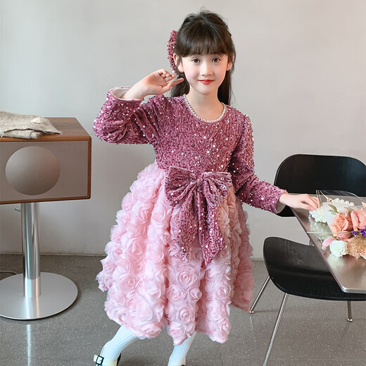 Annie Youer high-end girls princess dress autumn and winter 2024 new little girl birthday dress children's style plus velvet dress pink + hairpin 110