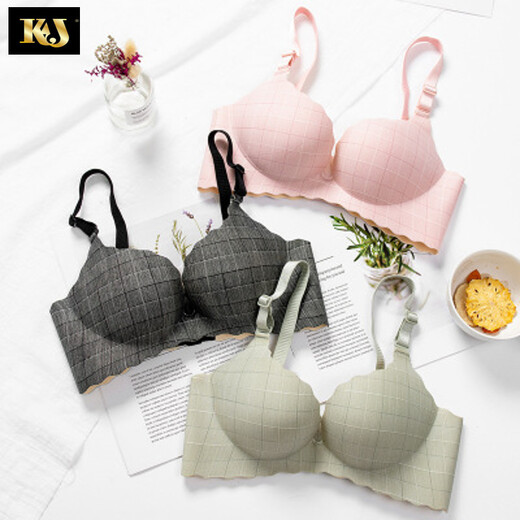 KJ one-piece underwear set women's bra push-up no rims thick and thin style sexy seamless girl push-up small breast bra small breast bra set green single piece 34/75C thin section