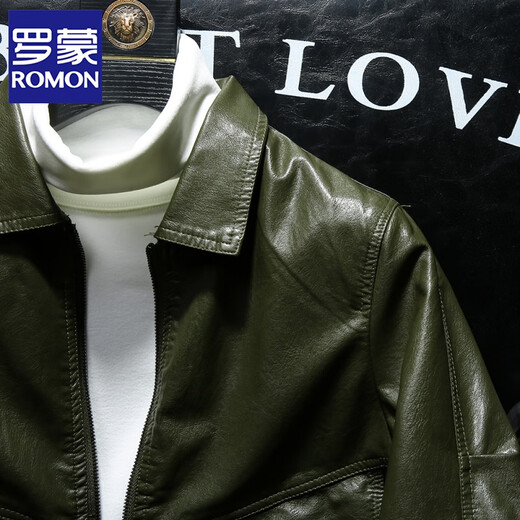 ROMON leather jacket men's trend Korean style slim and handsome motorcycle suit spring and autumn new casual lapel PU leather jacket green XL