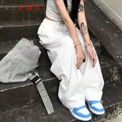 她风采 日系复古风直筒阔腿裤子女2022新款春秋季宽松个性工装裤休闲长 691#白色 L码【100-110斤】