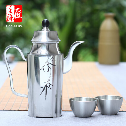The source of the craftsman The source of the craftsman flagship store Gejiu handmade 999 pure tin wine pot wine set gift Yunnan/Gaoshengguan wine set 370ml plum six cup set