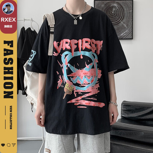 RXEX@ graffiti printed short-sleeved T-shirt men's trendy brand trendy ins summer new five-quarter sleeve T-shirt tops for men's clothes loose and versatile student casual half-sleeved T-shirt men's clothing black M (size is small, it is recommended to take a larger size)