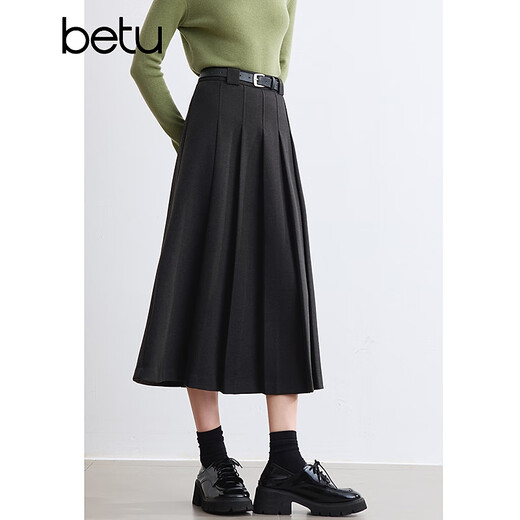 Betu women's winter new skirt accordion fold design with belt A-type skirt for women 2410T75 dark gray M