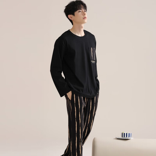Cat men pajamas men pure cotton long sleeve trousers full cotton pullover teenagers wear large size loose home clothing suit 9249 black 3XL [recommended 160-190Jin [Jin equals 0.5 kg]]