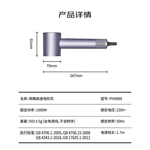 奔腾（POVOS）吹风机家用高速负离子电吹风机大风力速干低噪音学生宿舍便携风筒送女生日礼物 烟熏粉【经典入门PH9909】赠风嘴+赠礼盒