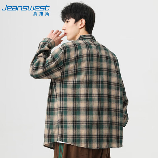 JEANSWEST long-sleeved shirt men's 2025 autumn young and middle-aged men's plaid loose versatile plaid shirt green XL