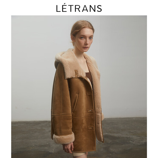 
LETRANS Yuan-Danish Winter Sheep Sheep Coat Women's Hooded Short Imitation Fur Integrated Lamb Fur Brown M