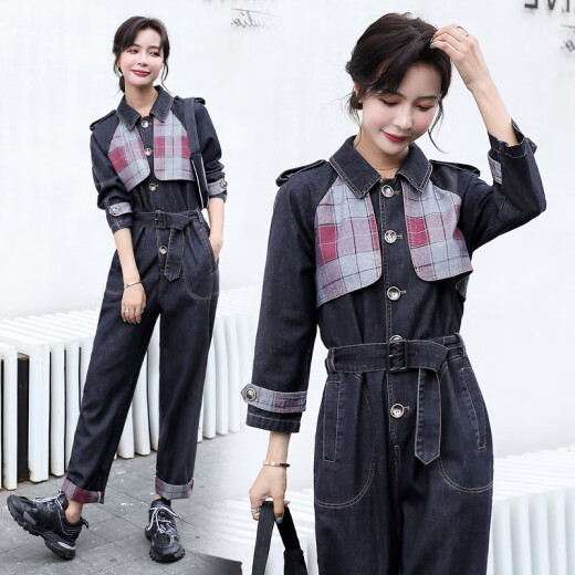 Qiandai workwear denim jumpsuit suit for women 2023 spring new high-waisted long-sleeved jumpsuit Harem denim jumpsuit blue plaid M96-105Jin [Jin equals 0.5 kg]