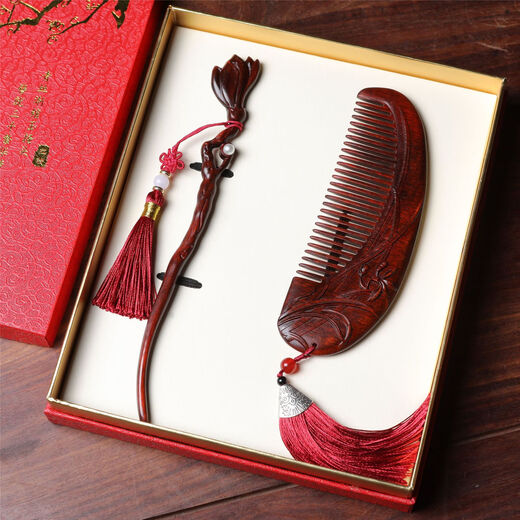 Meng Junchen red sandalwood comb handmade jade rabbit comb hairpin set for wife, girlfriend, mother's birthday, Valentine's Day gift, peach blossom gift box set