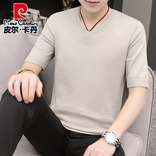 
Pier Cardin autumn and winter short-sleeved sweater for men v-neck T-shirt half-sleeved knitted base shirt for men slim fit inner solid color sweater thread Q9903 brown (round collar) 180/XXL