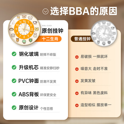 BBA wall clock creative cartoon clock wall clock cute home living room children's room wall clock twelve zodiac signs 30cm