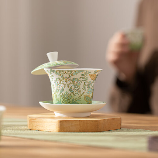 SUSHI CERAMICS Suet-fat Jade Hovering Horseshoe Three-Cai Covered Bowl Simple European Damascus Pattern Gift Box Souvenir Holiday Gift J1067