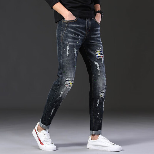 
Fashion brand ripped jeans men's elastic patch patch small feet pants Korean style slim jeans lacquered dot printed pencil pants new product 687 black 30 (2 feet 3)