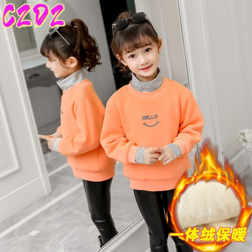 czdz girls winter sweatshirt with velvet stripes splicing high collar loose children one-piece velvet long sleeve autumn and winter little girl children's clothing trendy children's sweatshirt female 5-13 years old orange plus velvet 150 yards suitable for heights of about 1.45 meters