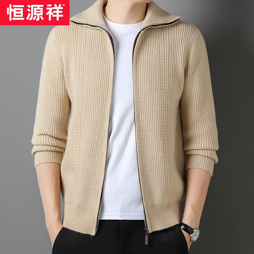 Hengyuanxiang autumn and winter thickened wool sweater men's knitted cardigan zipper lapel sweater middle-aged sheep tamarin sweater men's trendy jacket gray 175/XL/115/recommended 135-155Jin Jin equals 0.5 kg