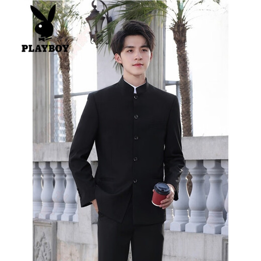 Playboy (PLAYBOY) new Chinese style men's suit men's spring and autumn stand-up collar shoulder pad coat Chinese tunic suit Tang suit casual suit black XL 120-140Jin Jin equals 0.5 kg