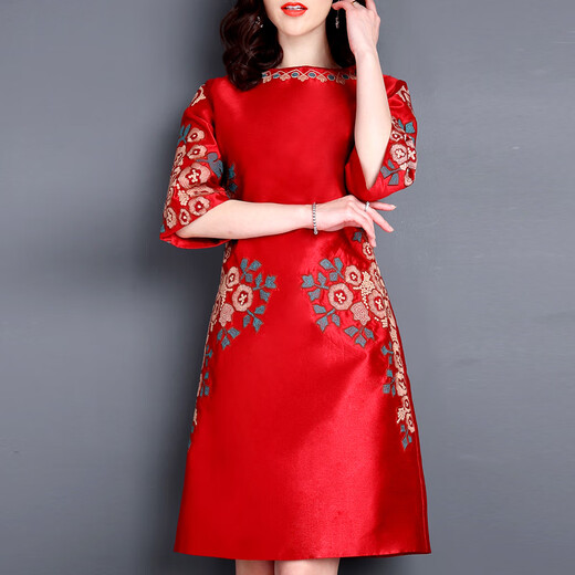Weixuan high-end cheongsam wedding mother's dress high-end grand mother-in-law performance costume wedding mother-in-law red skirt red 3XL (recommended 135-144 Jin Jin equals 0.5 kg) one size