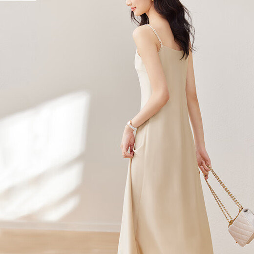 Shangdubila summer temperament V-neck commuting suspender dress with high-end shiny sexy pure and pure skirt Champagne color L