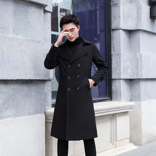 Bo Feidi men's youth long knee windbreaker autumn new coat coat men's Korean style slim mid-length windbreaker black 2XL