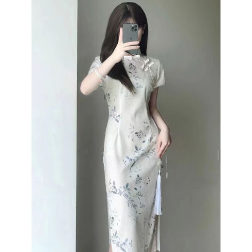 矜持范新中式复古民国风旗袍2025夏季新款年轻款少女显瘦连衣裙女长款 719花枝【不含配饰】 L 建议100-115斤