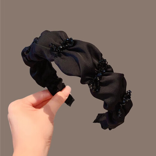 Ancient high-end black wide-brimmed pleated crystal headband for women with high skull temperament niche crushed hairpin hair accessories