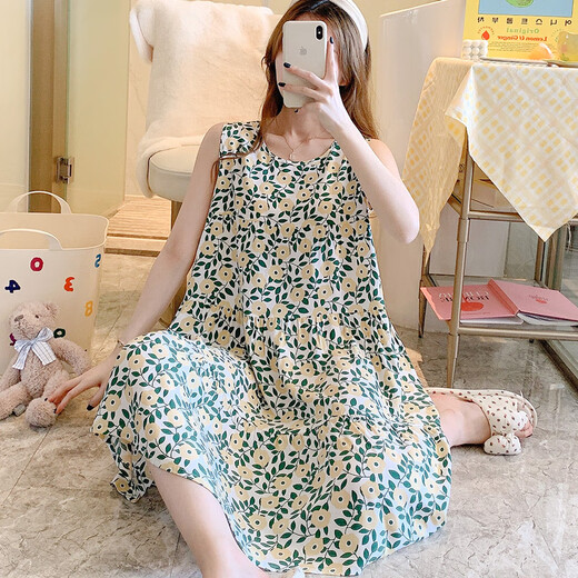 Zhidoudou ärmellose Baumwollseide Nachthemd für Frauen im Frühling und Sommer Internet Promi große Pyjamas Home Kleidung Japanische Märchenrock Student Baumwollseide Rock Dünn 1697 Jasminpfirsichpulver m