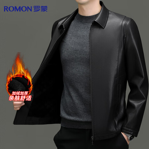 Lomon leather jacket for men in autumn and winter, middle-aged velvet thickened lapel coat, warm leather jacket, middle-aged and elderly men's top