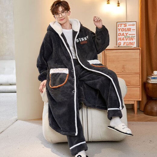 Siqiniao Autumn and Winter Coral Velvet Pajamas Men's Pajamas Large Size Loose Long Bathrobe Men's Winter Flannel Home Clothes Youth 3218# Robe + Pajamas XL (Recommended 130-155 Jin Jin equals 0.5 kg / Height 170-175)
