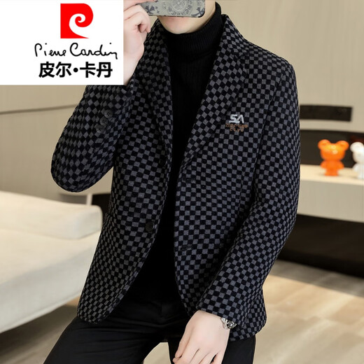 Pierre Cardin Plaid Woolen Suit Men's 2025 Winter New Slim Fit Cotton Thickened Warm Short Woolen Small Suit Jacket Black Thickened Cotton XL 120-135Jin Jin is equal to 0.5 kg