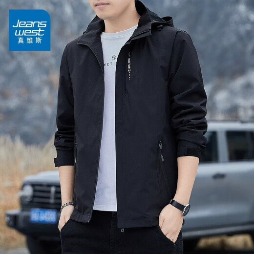 真维斯（Jeanswest）休闲夹克男春秋季新款2025冲锋衣时尚连帽夹克简约百搭外套男 6628黑色【春秋季】 M