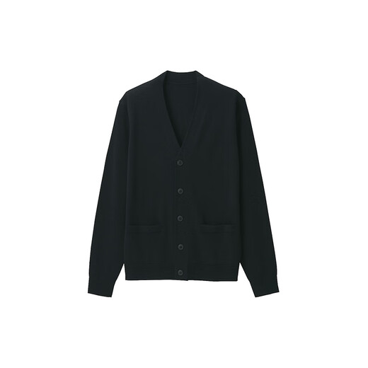 无印良品 MUJI 男式 美利奴羊毛可水洗V领开衫长袖针织衫男士毛衣冬季男款 黑色 L (175/100A)