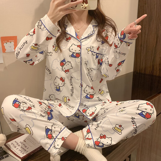 
REJIP spring and autumn cotton pajamas women ins cute cartoon lapel cardigan loose thin style can be worn outside home clothing set 9227 XL